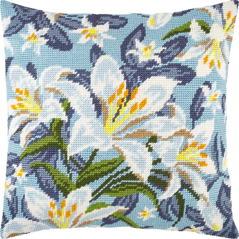 Brvsk Floral Needlepoint Kit for Adults and Beginners â€” White Lilies 16â€³â€‰Ã—â€‰16â€³ with Clear, Precise Printed Design on Cotton Canvas; Includes 2 Needles, Yarn, and Easy-Read Chart - Image 1